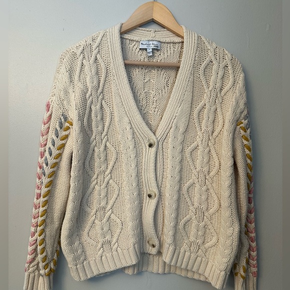 Michael Stars Sweaters - Michael Stars Cream Cable Knit Chunky Cardigan with Braided color Sleeve XS